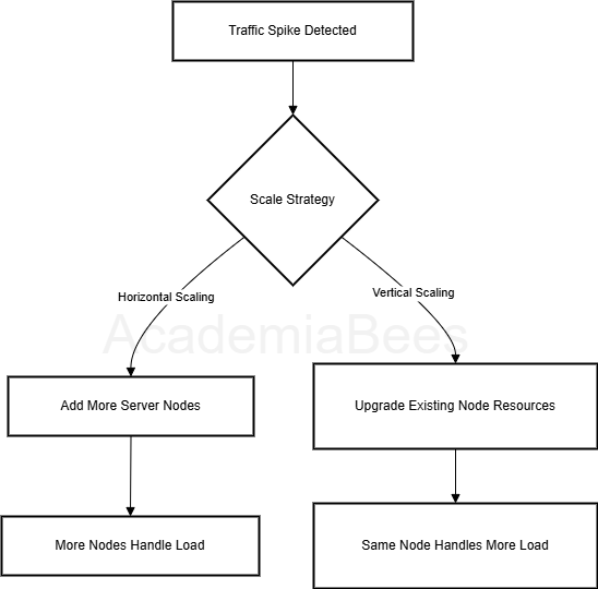Horizontal vs Vertical Scaling Diagram to show how resources scale in response to traffic spikes.